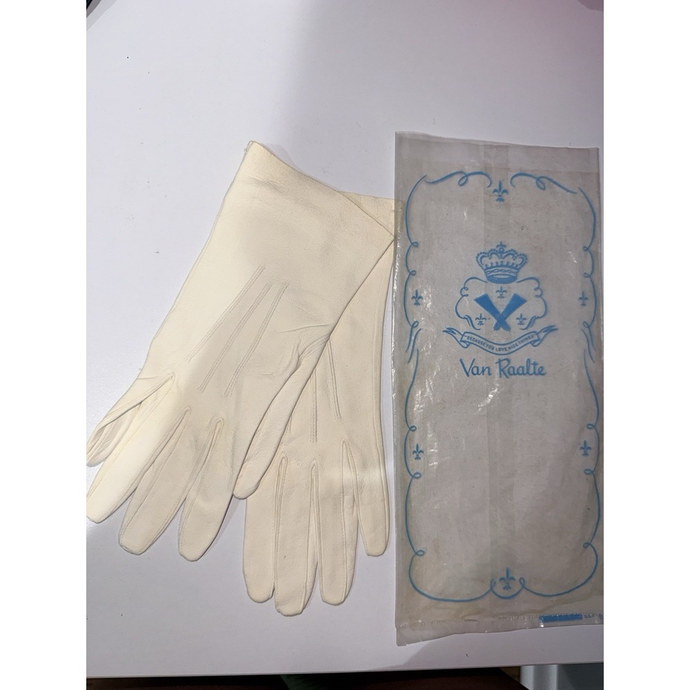 Vintage White Off White Kid Leather Gloves Van Raalte 6 1/2 long Cream Q